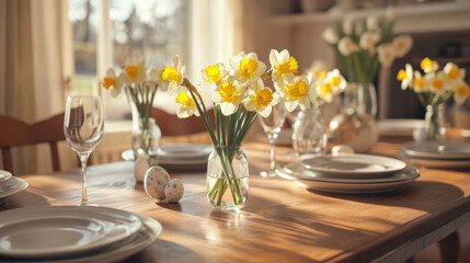Sunny Easter table setting with daffodils.
