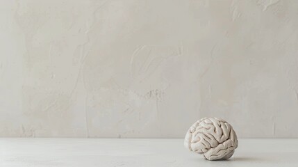 Aging human brain model with subtle cracks and fading colors, symbolizing cognitive decline and mental health, placed on minimalist white surface. Concept of aging, neuroscience, and mental wellness.