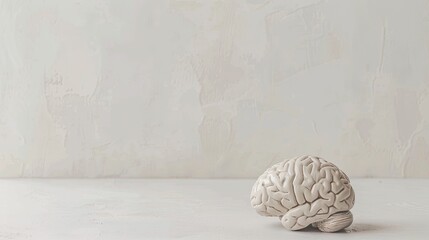 Aging human brain model with subtle cracks and fading colors, symbolizing cognitive decline and mental health, placed on minimalist white surface. Concept of aging, neuroscience, and mental wellness.