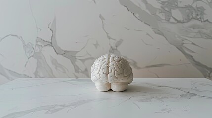 Aging human brain model with subtle cracks and fading colors, symbolizing cognitive decline and mental health, placed on minimalist white surface. Concept of aging, neuroscience, and mental wellness.