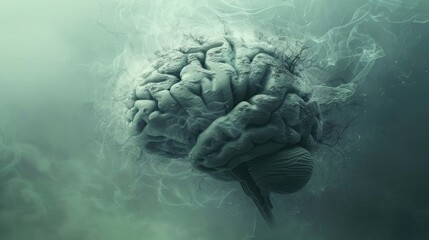 Aging human brain model with subtle cracks and fading colors, symbolizing cognitive decline and mental health, placed on minimalist white surface. Concept of aging, neuroscience, and mental wellness.