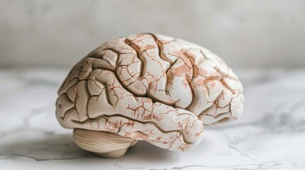 Aging human brain model with subtle cracks and fading colors, symbolizing cognitive decline and mental health, placed on minimalist white surface. Concept of aging, neuroscience, and mental wellness.