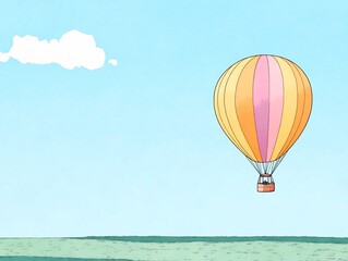 Fototapeta premium Charming Hot Air Balloon Gently Soaring Over Serene Landscape: Digital Illustration in a Whimsical Style. AI Generated