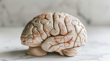Aging human brain model with subtle cracks and fading colors, symbolizing cognitive decline and mental health, placed on minimalist white surface. Concept of aging, neuroscience, and mental wellness.