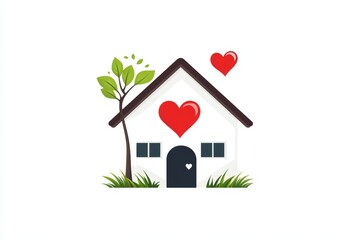 Cozy house with heart symbols and tree symbolizing love and home