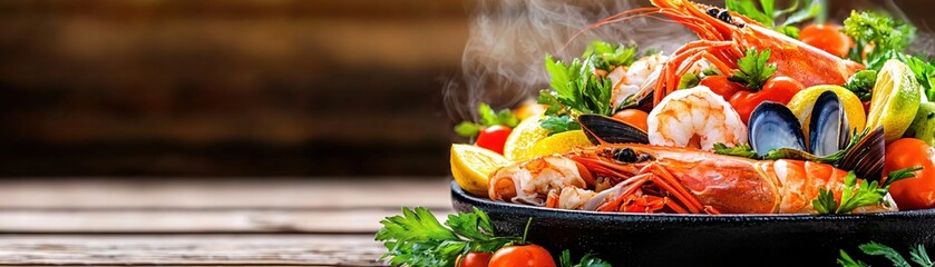 Fresh Seafood Platter with Shrimp, Mussels, and Vegetables on Wooden Table Background