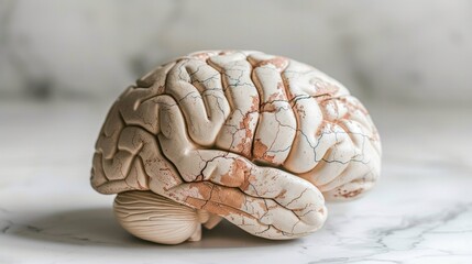 Aging human brain model with subtle cracks and fading colors, symbolizing cognitive decline and mental health, placed on minimalist white surface. Concept of aging, neuroscience, and mental wellness.