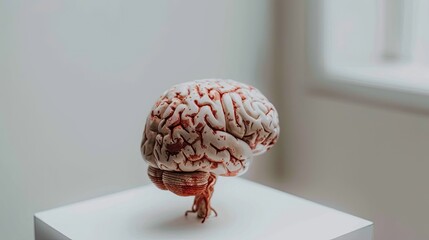 Aging human brain model with subtle cracks and fading colors, symbolizing cognitive decline and mental health, placed on minimalist white surface. Concept of aging, neuroscience, and mental wellness.