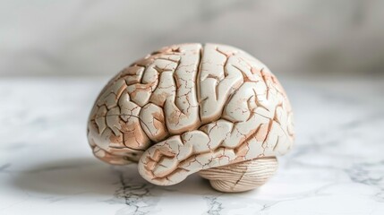 Aging human brain model with subtle cracks and fading colors, symbolizing cognitive decline and mental health, placed on minimalist white surface. Concept of aging, neuroscience, and mental wellness.