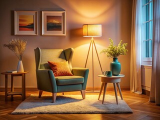 Cozy Modern Living Room: Armchair, Lamp, Warm Neutral Walls - Night Photography