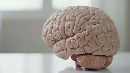 Aging human brain model with subtle cracks and fading colors, symbolizing cognitive decline and mental health, placed on minimalist white surface. Concept of aging, neuroscience, and mental wellness.