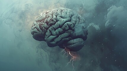 Aging human brain model with subtle cracks and fading colors, symbolizing cognitive decline and mental health, placed on minimalist white surface. Concept of aging, neuroscience, and mental wellness.