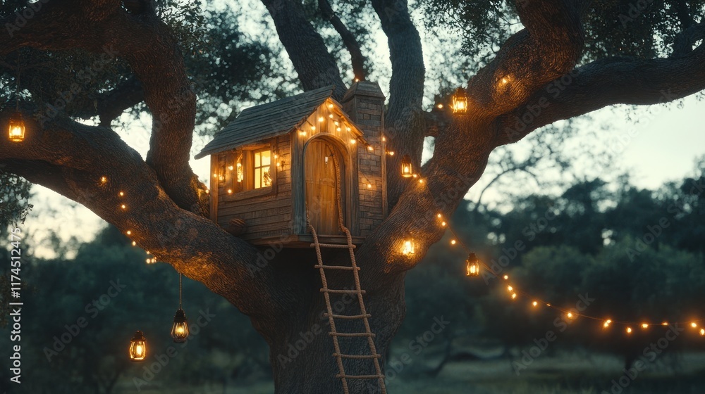 Aufkleber enchanting treehouse nestled in a large oak tree at dusk, illuminated by warm string lights.