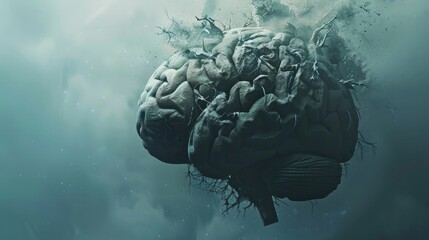 Aging human brain model with subtle cracks and fading colors, symbolizing cognitive decline and mental health, placed on minimalist white surface. Concept of aging, neuroscience, and mental wellness.