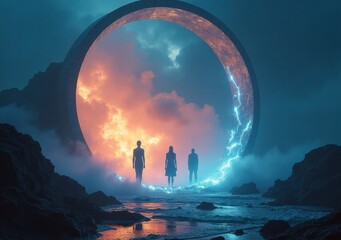 Mysterious portal opens on a rocky shore under a dramatic sky at twilight