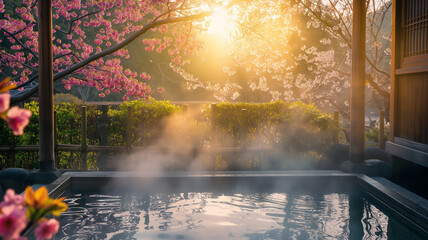 日本の四季を感じる花々が咲いている風呂,湯気の立ち込める美しい風景。プライベート空間のイラスト