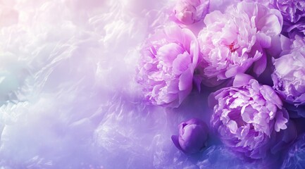Abstract background with purple peonies and pastel colors for a Valentine's Day banner.