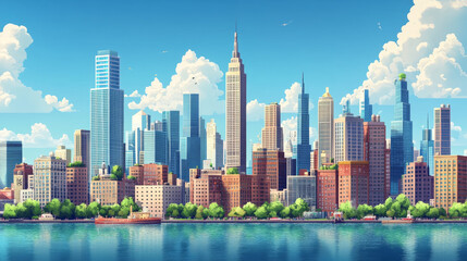 Obraz premium Urban cityscape panoramic banner vector cartoon illustration with buildings, city skyline with skyscraper and tower architecture, megapolis landscape, town scenic background witn river bank and clouds