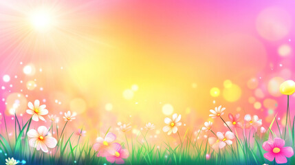 Obraz premium Sunny spring meadow with colorful flowers and bokeh.