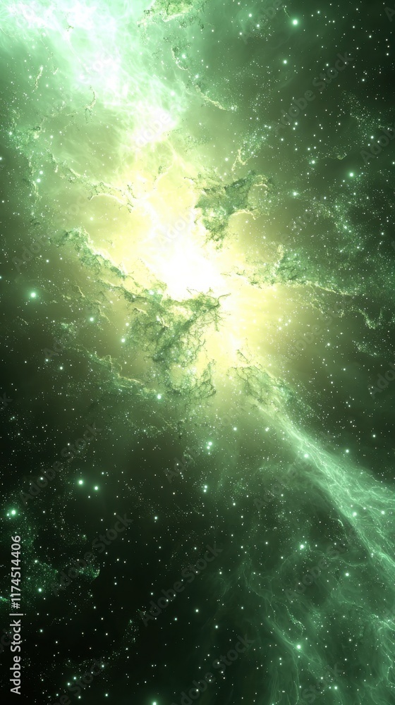 Poster celestial event green and yellow galaxy with sparkling dust outer space digital art ethereal environ
