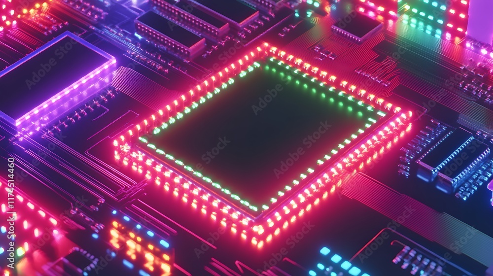Poster neon illuminated circuit board central processing unit