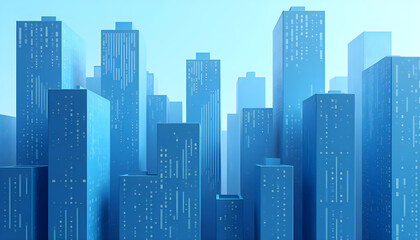 Blue Color Geometric Shape Buildings Line the Wide City Facade Creating a Bold and Futuristic Urban Landscape