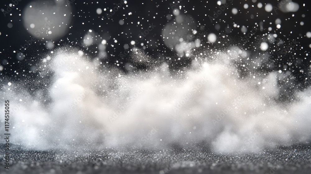 Poster white powder explosion, snow burst with flying ice particles and snowflakes. vector realistic set of