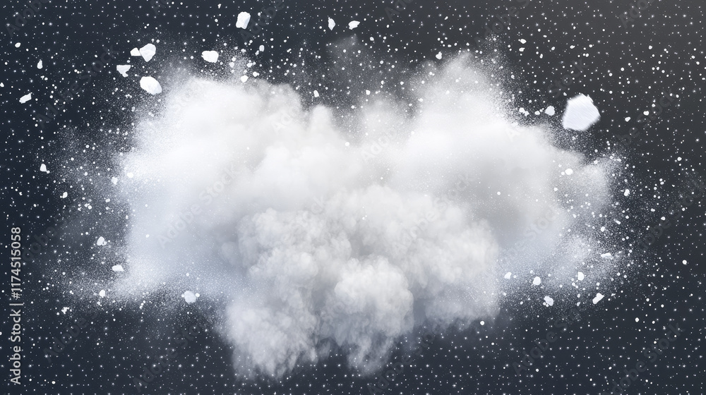 Poster white powder explosion, snow burst with flying ice particles and snowflakes. vector realistic set of