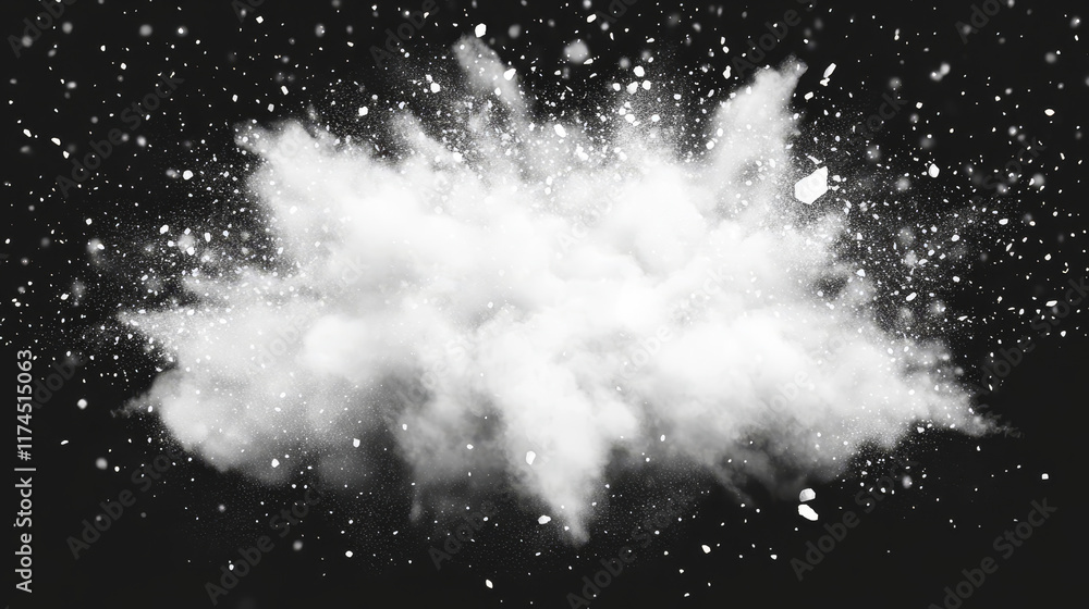 Poster white powder explosion, snow burst with flying ice particles and snowflakes. vector realistic set of