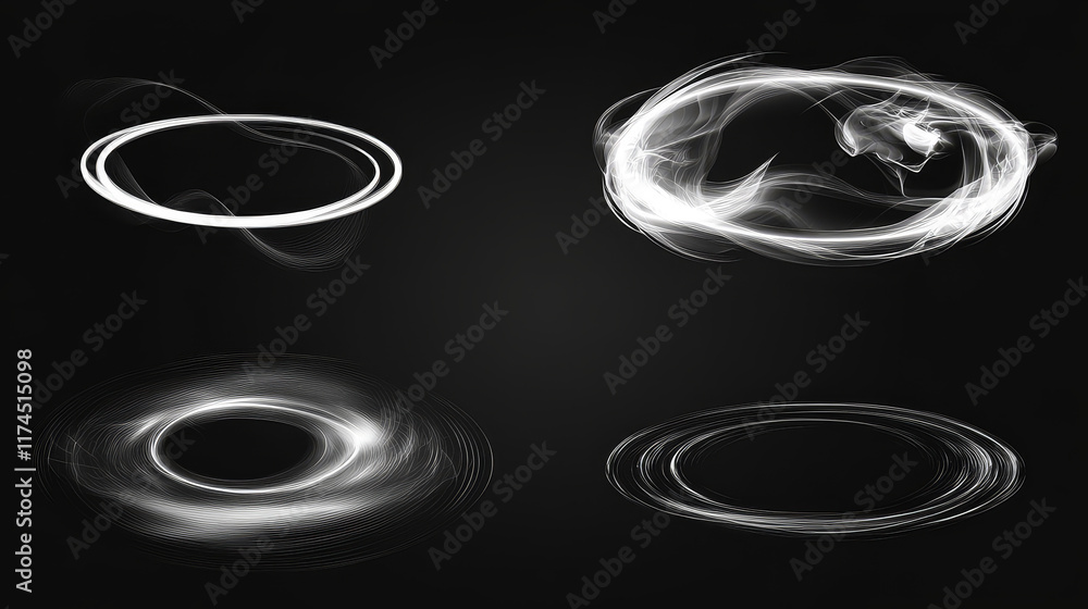 Poster hookah vape smoke circle and tornado vector effect. 3d realistic abstract white cigarette cloud stea