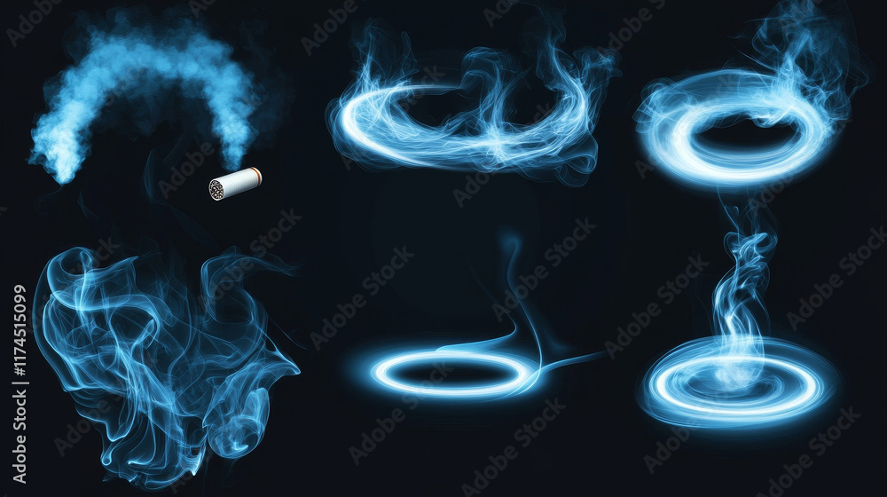 Poster hookah vape smoke circle and tornado vector effect. 3d realistic abstract white cigarette cloud stea
