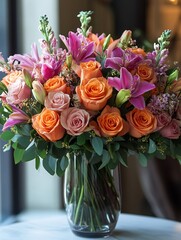 Obraz premium Vibrant Orange and Pink Roses & Lilies Bouquet Photo: Close-up View. AI Generated