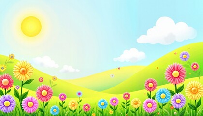 Fototapeta premium A Stunningly Vibrant Floral Field Filled With Colorful Flowers Under The Bright Sun And White Clouds