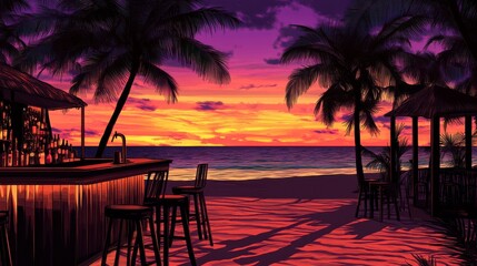 Fototapeta premium Serene Beach Sunset with Tropical Palm Trees, Bar and Gazebo, Vibrant Colors, Relaxing Atmosphere for Vacation and Travel Themes