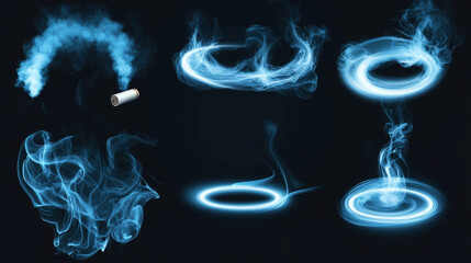 Obraz premium Hookah vape smoke circle and tornado vector effect. 3d realistic abstract white cigarette cloud steam swirl set. Isolated mist flow motion frame and wave curve illustration on black background.