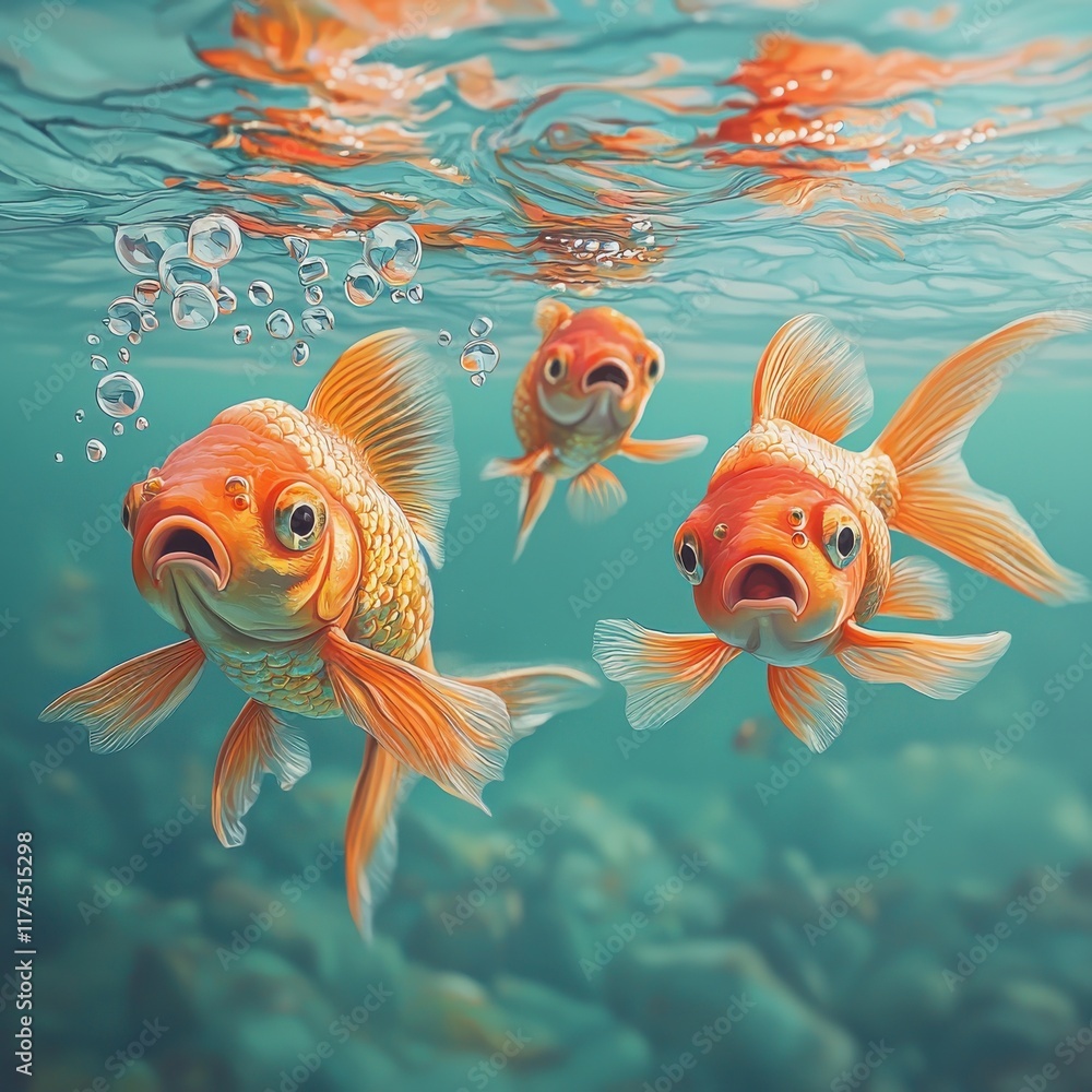 Poster exploring colorful goldfish in crystal clear water underwater scene hyperrealistic style aquatic env