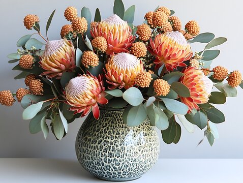 Vibrant Autumn Protea Flower Arrangement in Earthenware Vase: Close-Up Photo. AI Generated