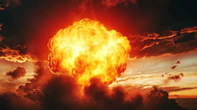 Dramatic nuclear explosion lighting up a fiery sky with massive orange and yellow clouds at dusk, Dramatic Nuclear Explosion in Fiery Sky