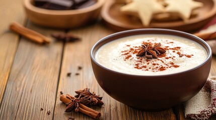 Creamy Dessert with Spices and Chocolate on Rustic Table