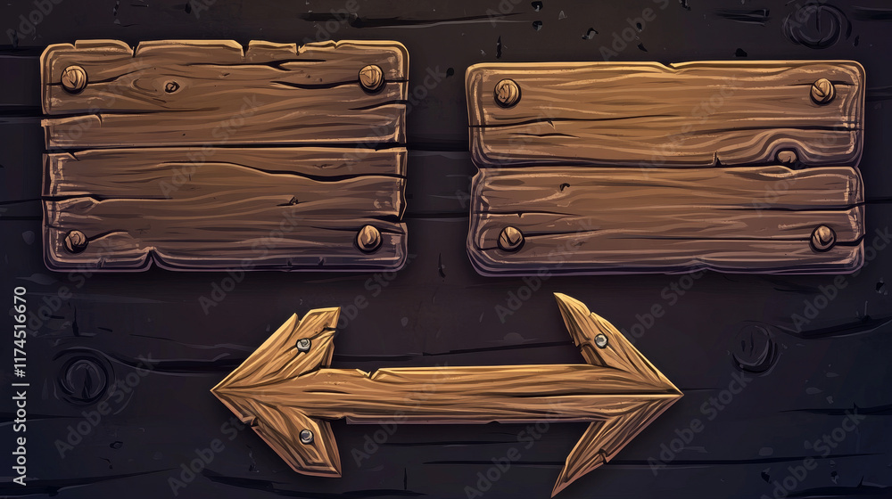 Poster wooden signboard for game ui design. cartoon vector illustration set of blank plates and arrow with 