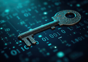 Digital key surrounded by binary code illustrating data security concepts