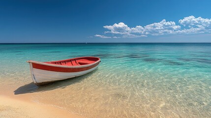Red and white rowboat on tranquil turquoise sea, sunny day.