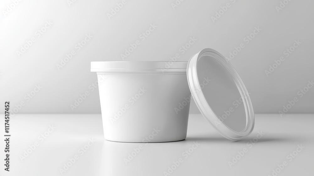Poster plastic yogurt container mockup set. sour cream package with lid top view isolate on transparent bac
