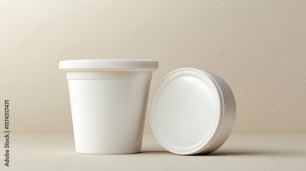 Poster plastic yogurt container mockup set. sour cream package with lid top view isolate on transparent bac
