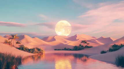 Surreal Lunar Landscape with Majestic Full Moon Over Colorful Desert Dunes for Wallpaper