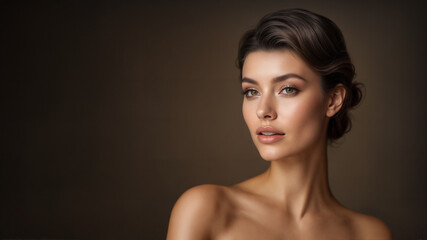 Fototapeta premium A glamorous cover model with a radiant flawless complexion and a stylish, formal hairstyle. Bare shoulder. Studio portrait against a brown background.