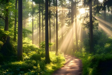 Fototapeta premium A serene forest scene with sunlight filtering through trees, illuminating a winding path.