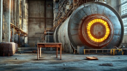 Naklejka premium A desolate industrial space featuring a large cylindrical structure and a solitary table.
