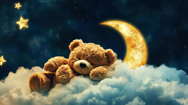 Cute teddy bear peacefully sleeping on a fluffy cloud under a starry night sky, A cute teddy bear sleeping on a fluffy cloud under a crescent moon, surrounded by twinkling stars