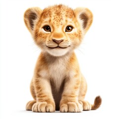 Obraz premium Adorable baby lion cub with bright eyes and soft fur sitting against a clean white background